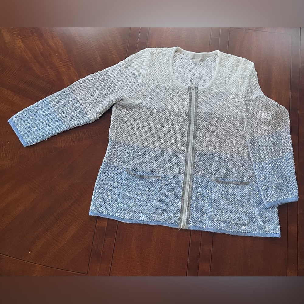 NWT Laura Ashley Sparkling Zip Front Long Sleeve Silver Blue Cardigan Sz 1X